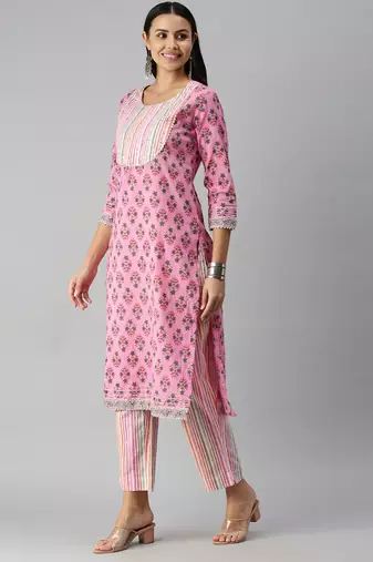 women's round neck striped block print pink straight kurta and trouser