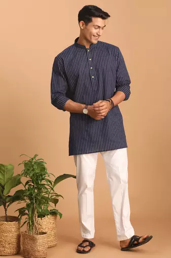 Navy Blue And White Cotton Short Kurta And Pyjama Set