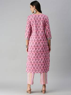 women's round neck striped block print pink straight kurta and trouser 3