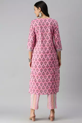 women's round neck striped block print pink straight kurta and trouser
