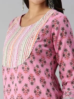 women's round neck striped block print pink straight kurta and trouser 4