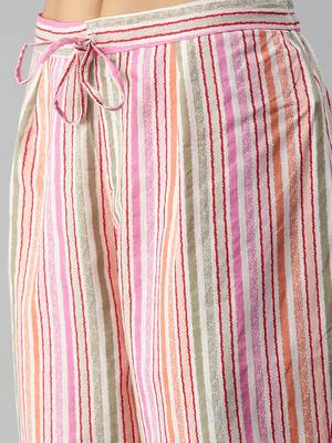 women's round neck striped block print pink straight kurta and trouser 5