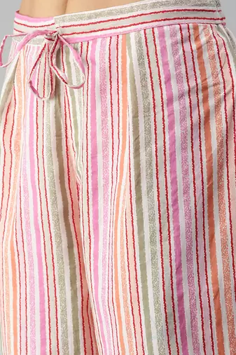 women's round neck striped block print pink straight kurta and trouser