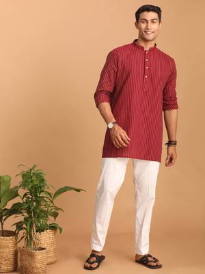 Maroon And White Cotton Short Kurta And Pyjama Set 1
