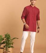 Maroon And White Cotton Short Kurta And Pyjama Set