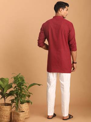 Maroon And White Cotton Short Kurta And Pyjama Set 3