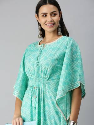 women's round neck geometric blue kaftan kurta and trouser 1
