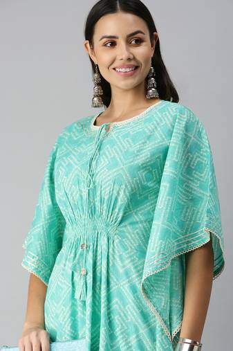women's round neck geometric blue kaftan kurta and trouser