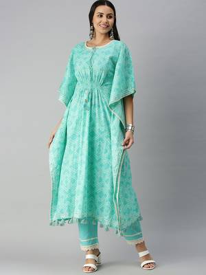 women's round neck geometric blue kaftan kurta and trouser 2