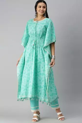 women's round neck geometric blue kaftan kurta and trouser