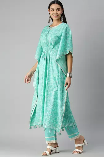 women's round neck geometric blue kaftan kurta and trouser