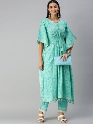 women's round neck geometric blue kaftan kurta and trouser 4