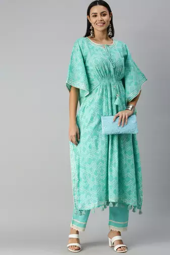 women's round neck geometric blue kaftan kurta and trouser