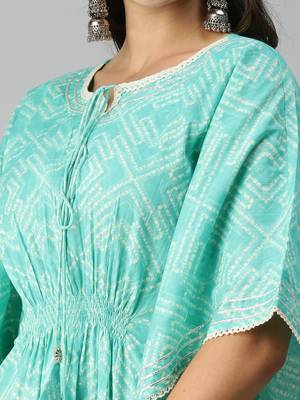 women's round neck geometric blue kaftan kurta and trouser 5