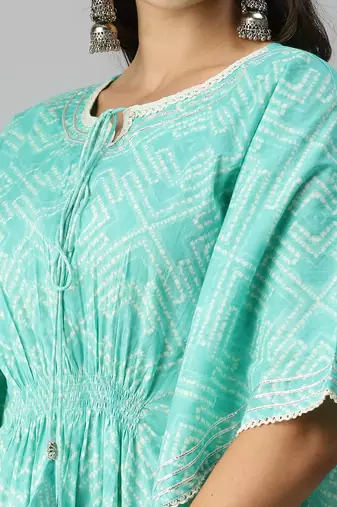 women's round neck geometric blue kaftan kurta and trouser