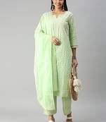 women's round neck floral green straight kurta and palazzos with dupatta