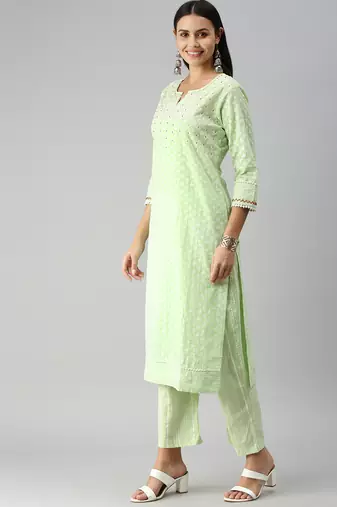 women's round neck floral green straight kurta and palazzos with dupatta