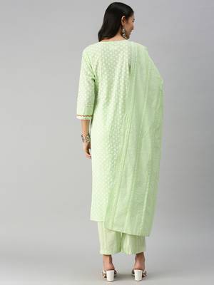women's round neck floral green straight kurta and palazzos with dupatta 3