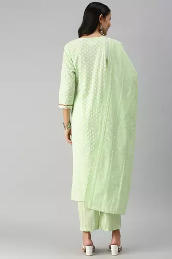 women's round neck floral green straight kurta and palazzos with dupatta