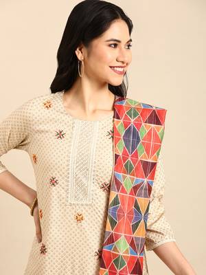 women's round neck solid foil print beige straight kurta and palazzos with dupatta 1