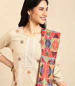 women's round neck solid foil print beige straight kurta and palazzos with dupatta