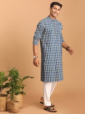 Indigo Blue And White Cotton Kurta And Pyjama Set 2