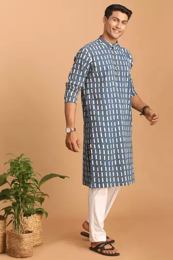 Indigo Blue And White Cotton Kurta And Pyjama Set