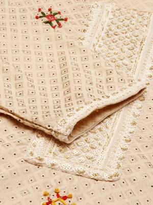 women's round neck solid foil print beige straight kurta and palazzos with dupatta 2