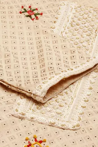 women's round neck solid foil print beige straight kurta and palazzos with dupatta