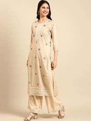 women's round neck solid foil print beige straight kurta and palazzos with dupatta 3