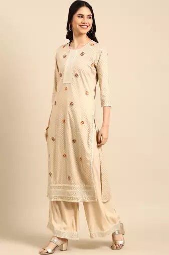 women's round neck solid foil print beige straight kurta and palazzos with dupatta