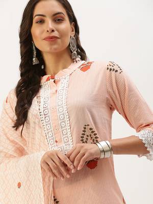 women's mandarin collar floral foil print peach straight kurta and trouser with dupatta 1