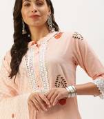 women's mandarin collar floral foil print peach straight kurta and trouser with dupatta
