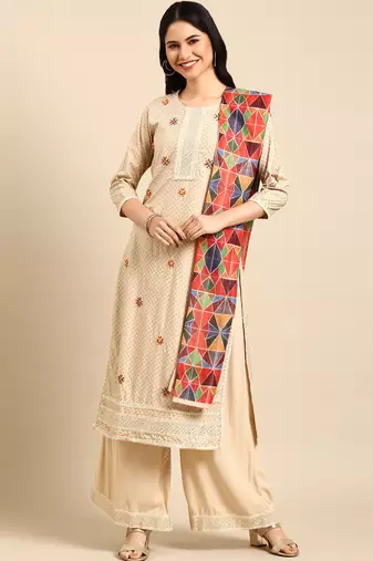 women's round neck solid foil print beige straight kurta and palazzos with dupatta