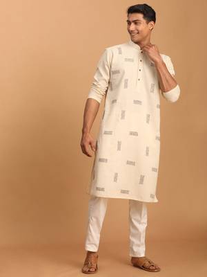 Cream Cotton Kurta And Pyjama Set 2