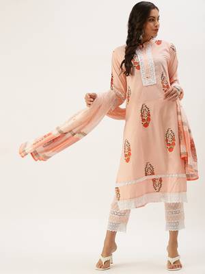 women's mandarin collar floral foil print peach straight kurta and trouser with dupatta 2