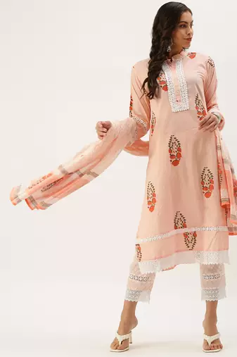 women's mandarin collar floral foil print peach straight kurta and trouser with dupatta