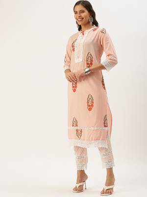 women's mandarin collar floral foil print peach straight kurta and trouser with dupatta 3