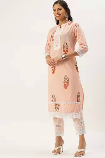 women's mandarin collar floral foil print peach straight kurta and trouser with dupatta