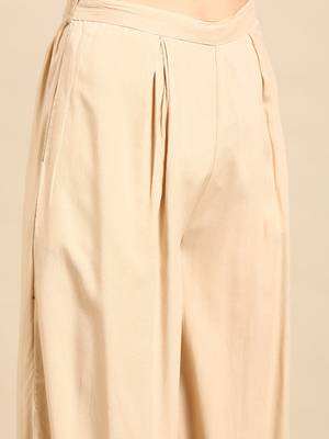 women's round neck solid foil print beige straight kurta and palazzos with dupatta 5