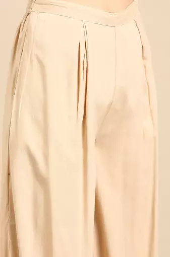 women's round neck solid foil print beige straight kurta and palazzos with dupatta