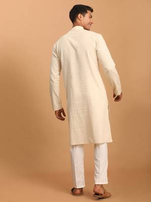 Cream Cotton Kurta And Pyjama Set 3