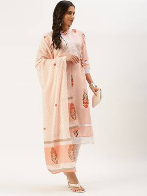 women's mandarin collar floral foil print peach straight kurta and trouser with dupatta 4