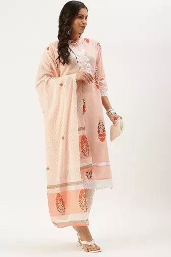 women's mandarin collar floral foil print peach straight kurta and trouser with dupatta