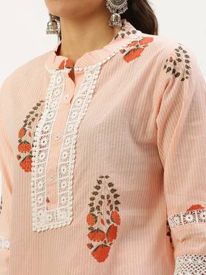women's mandarin collar floral foil print peach straight kurta and trouser with dupatta 5