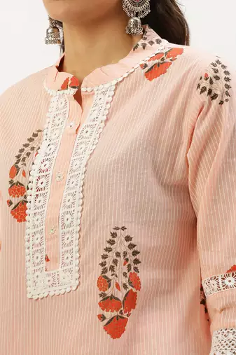 women's mandarin collar floral foil print peach straight kurta and trouser with dupatta