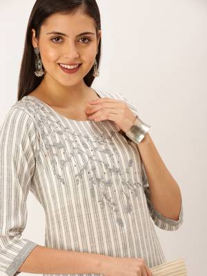 women's round neck striped grey straight kurta and palazzos 1