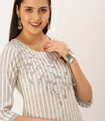 women's round neck striped grey straight kurta and palazzos