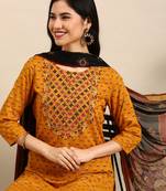 women's round neck striped foil print mustard straight kurta and palazzos with dupatta
