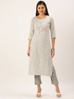 women's round neck striped grey straight kurta and palazzos 2
